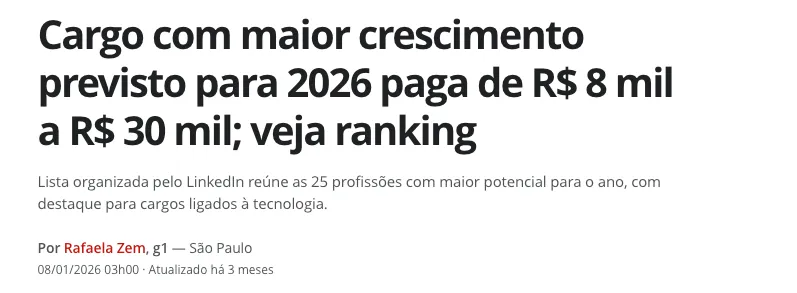 Manchete do G1 sobre cargo com crescimento em 2026 e salários até R$ 30 mil