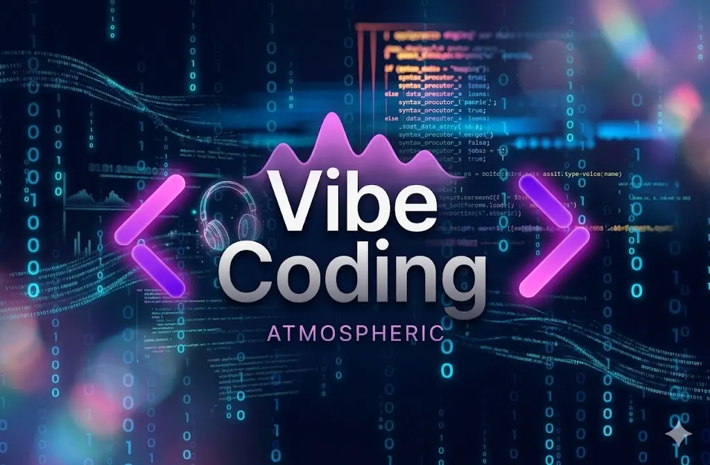 Ilustração de Vibe Coding com elementos visuais de IA e programação